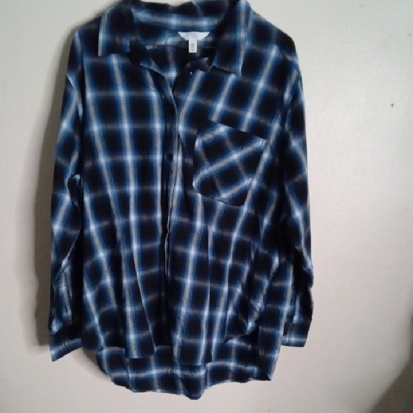 Time and Tru Navy Plaid Shirt - Picture 1 of 5